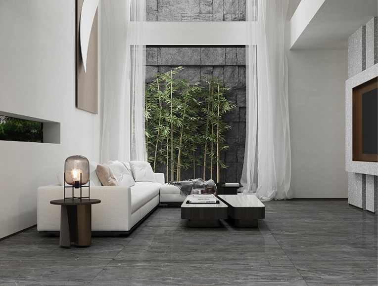 腾博会官网岩板新中式客厅地砖装修效果图