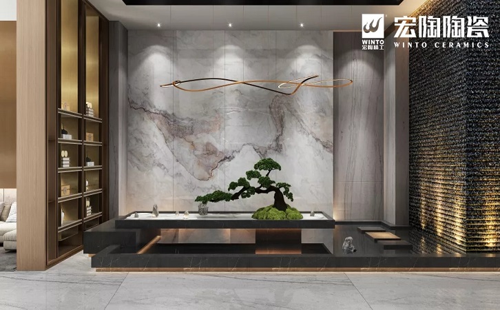 腾博会官网灰冰玉岩板配景墙效果图