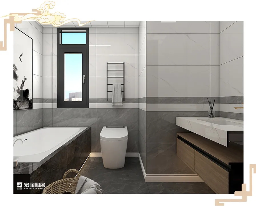 腾博会官网岩板TPGR84001+TPGR84012+TPG80225卫浴空间