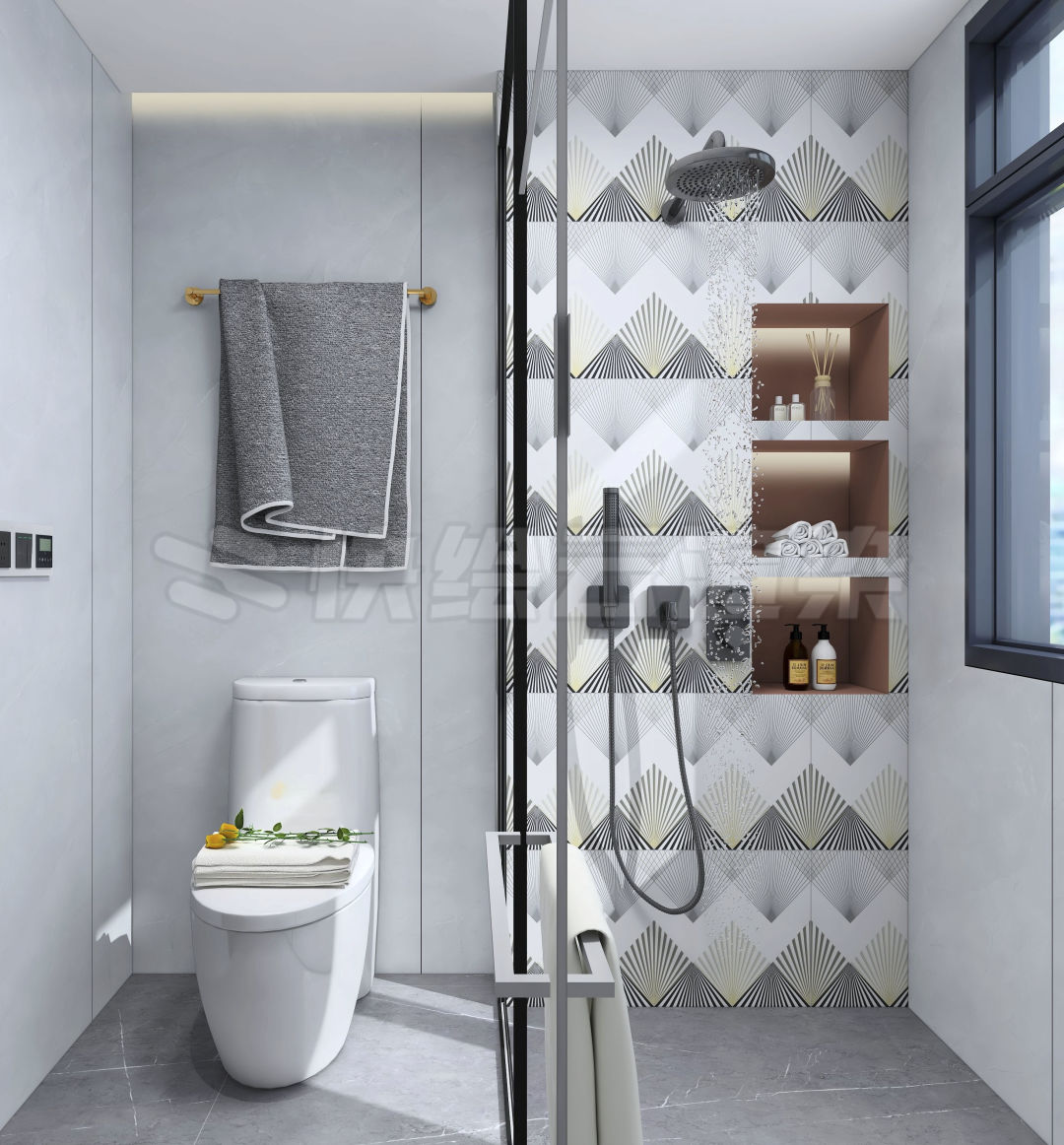 腾博会官网质感砖灰色系卫生间家居空间效果图